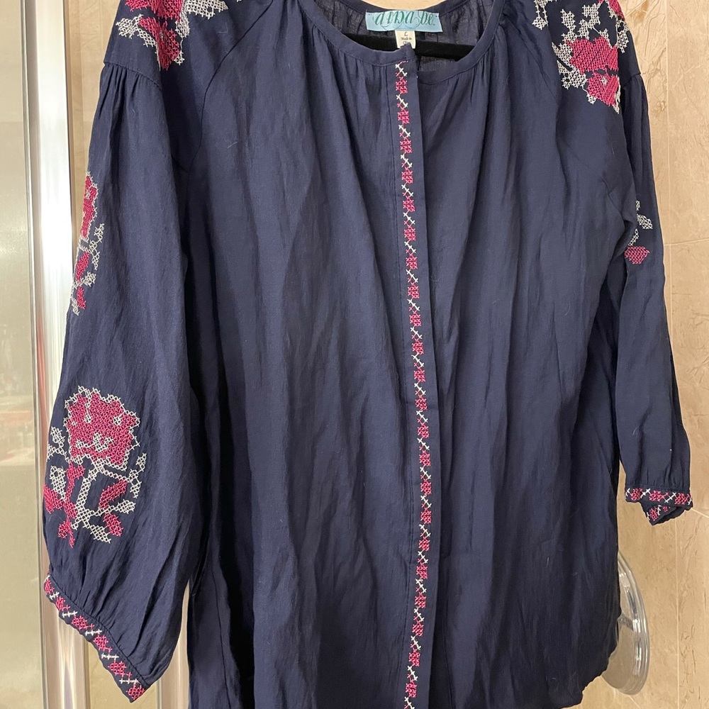 Navy and pink embroidered blouse